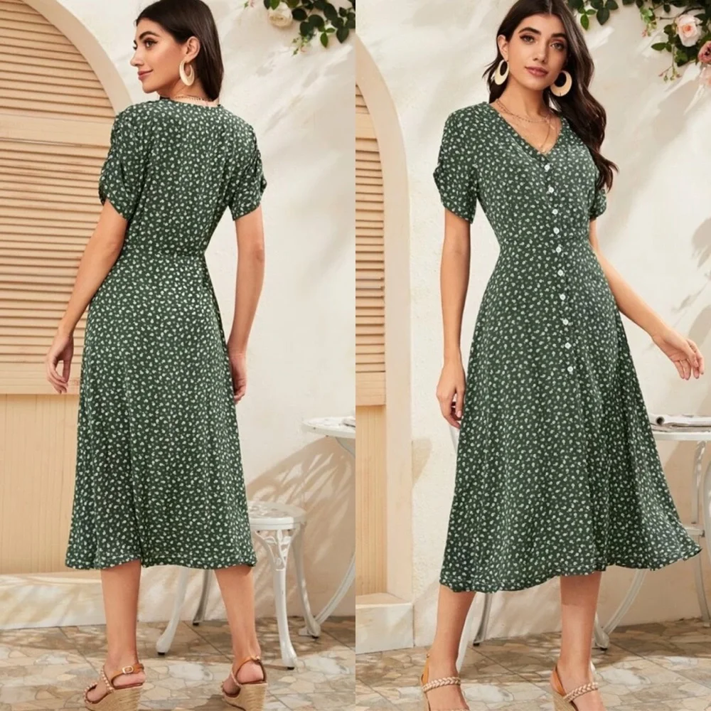 Boho polka dots  button through slit dress - Picture 2 of 4